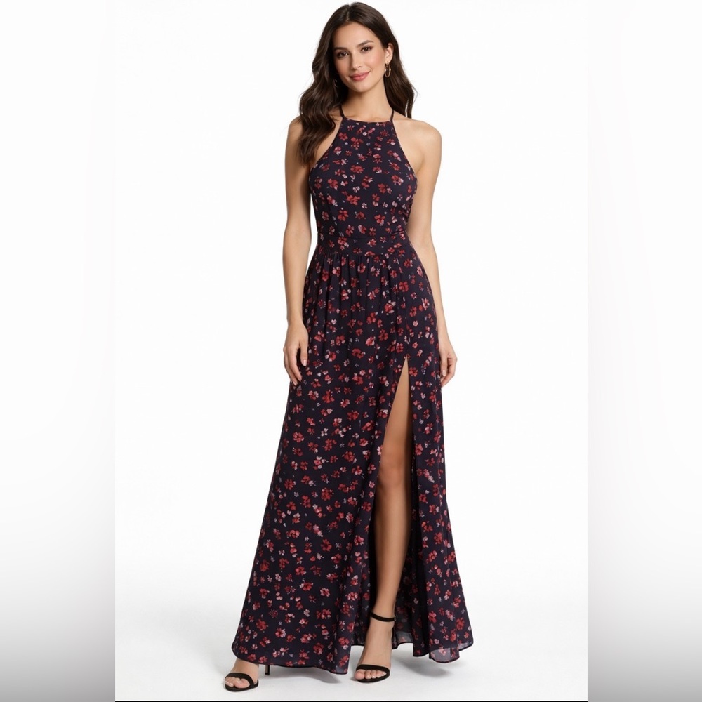 NWT DB Studio Floral A Line Halter Neck Maxi Dress with Slit Size 8 Bridesmaid